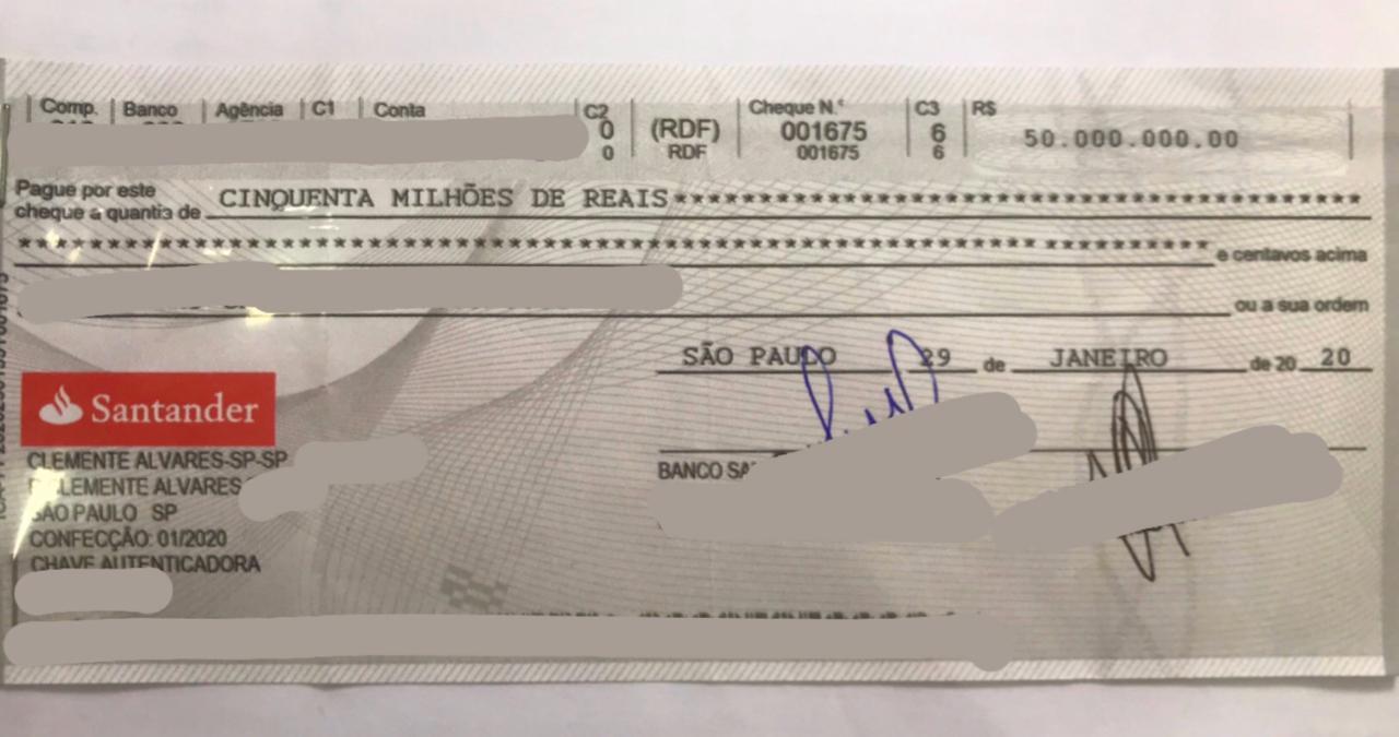 Cheque usado por homem tentando sacar R$ 50 milhões. (Divulgação / Polícia Civil do Paraná)