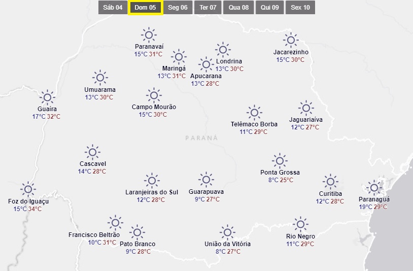 Previsão do tempo para domingo no Paraná. Temperaturas baixas pela manhã e altas durante o dia. ReproduçãoSimepar