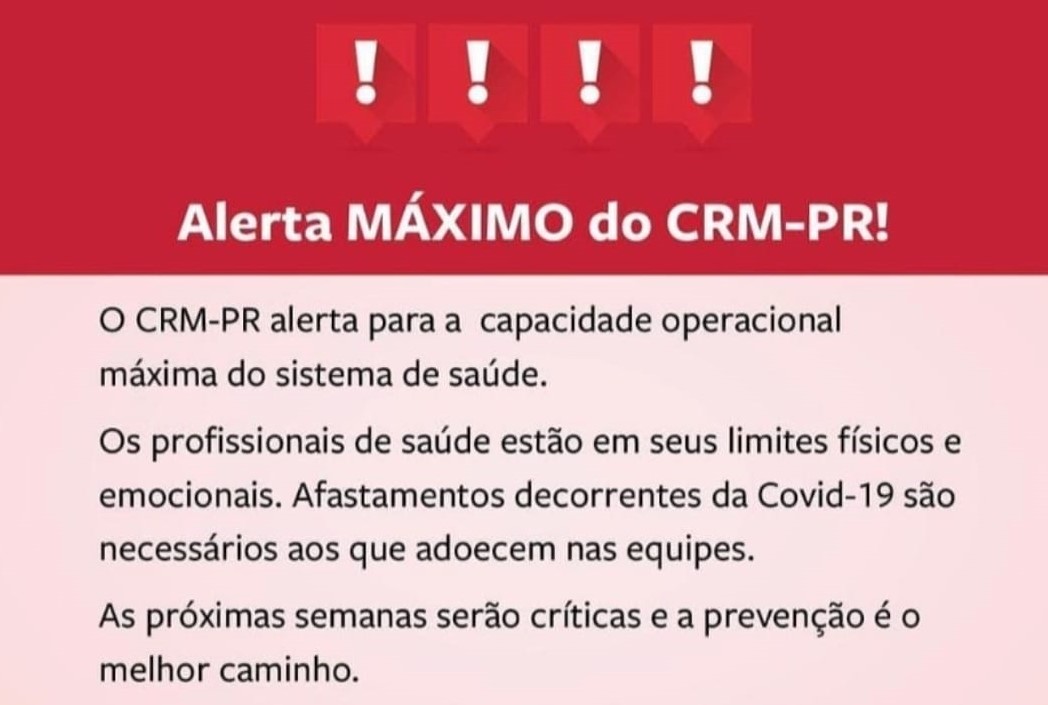 CRM emite alerta máximo sobre momento crítico da covid-19 no Paraná