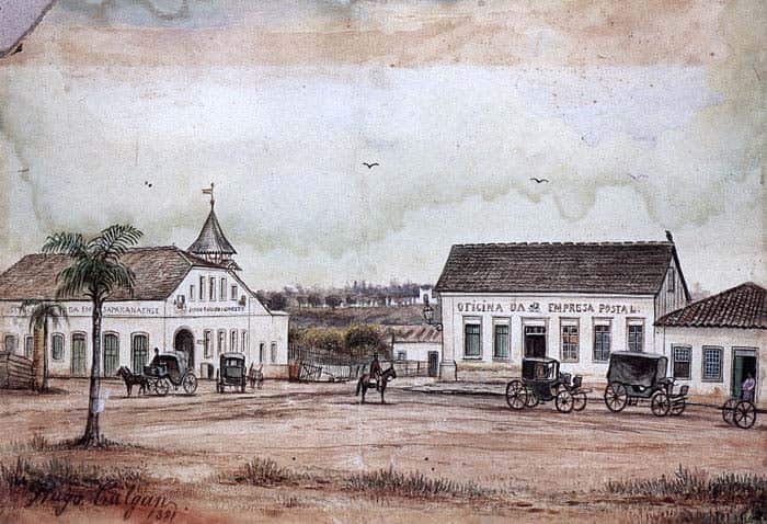 Estação da diigência no quadro de Hugo Calgan em 1881.