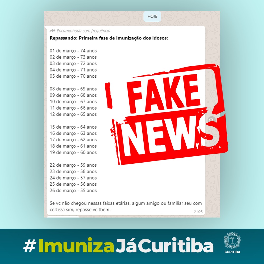 Atenção! Escala de vacinação para idosos de Curitiba, que circula no WhatsApp, é falsa