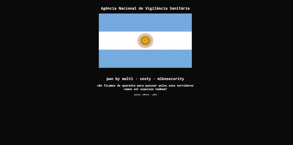 Anvisa tem página hackeada com bandeira da Argentina
